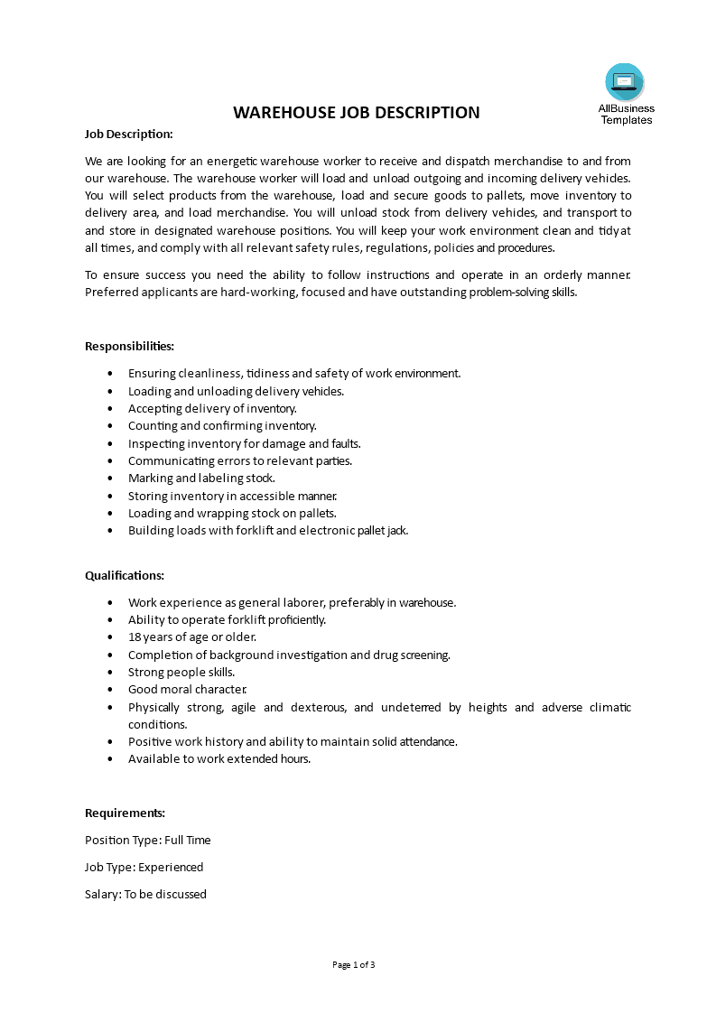 warehouse job description template