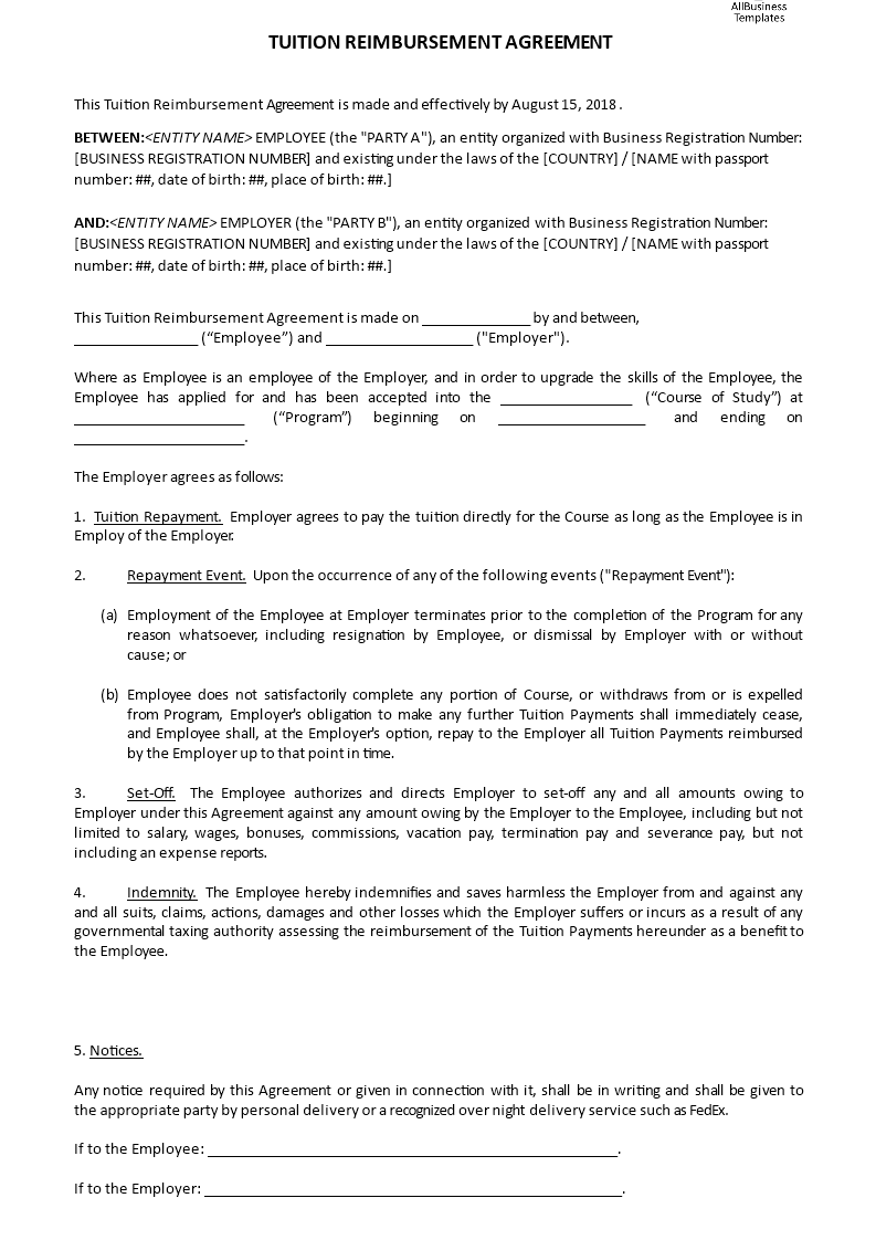 tuition reimbursement agreement template