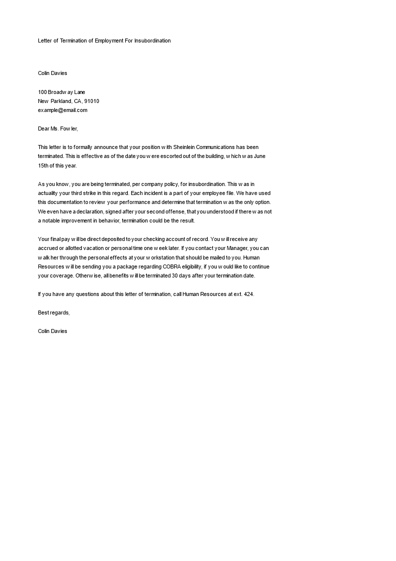 Letter of Termination of Employment For Insubordination Templates at