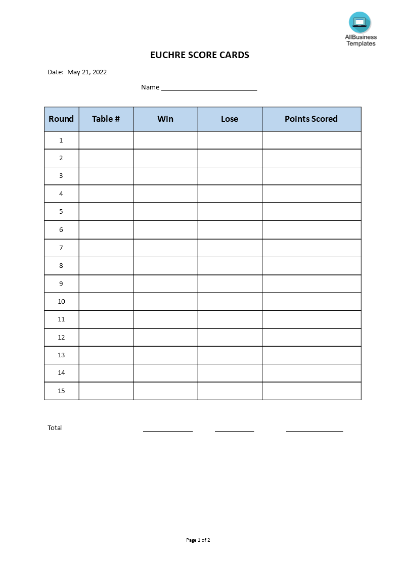 euchre scoring card modèles