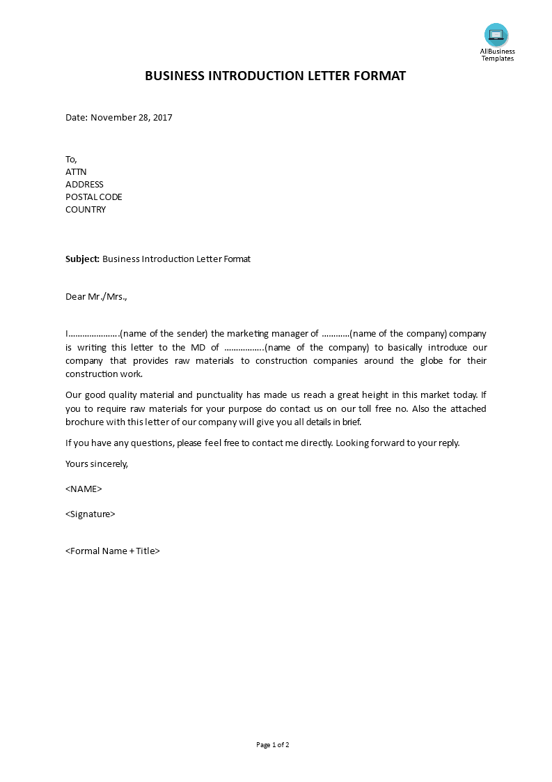 Kostenloses Business Introduction Letter Format Construction Company