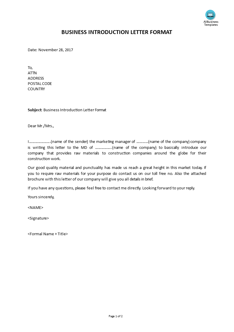 business introduction letter format construction company template