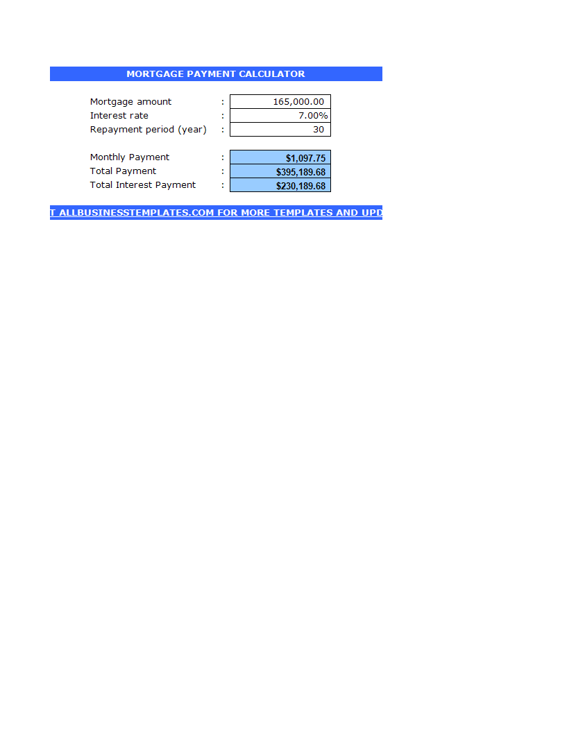 mortgage payment calculator modèles