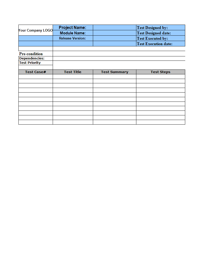 test case template sheet in excel 模板