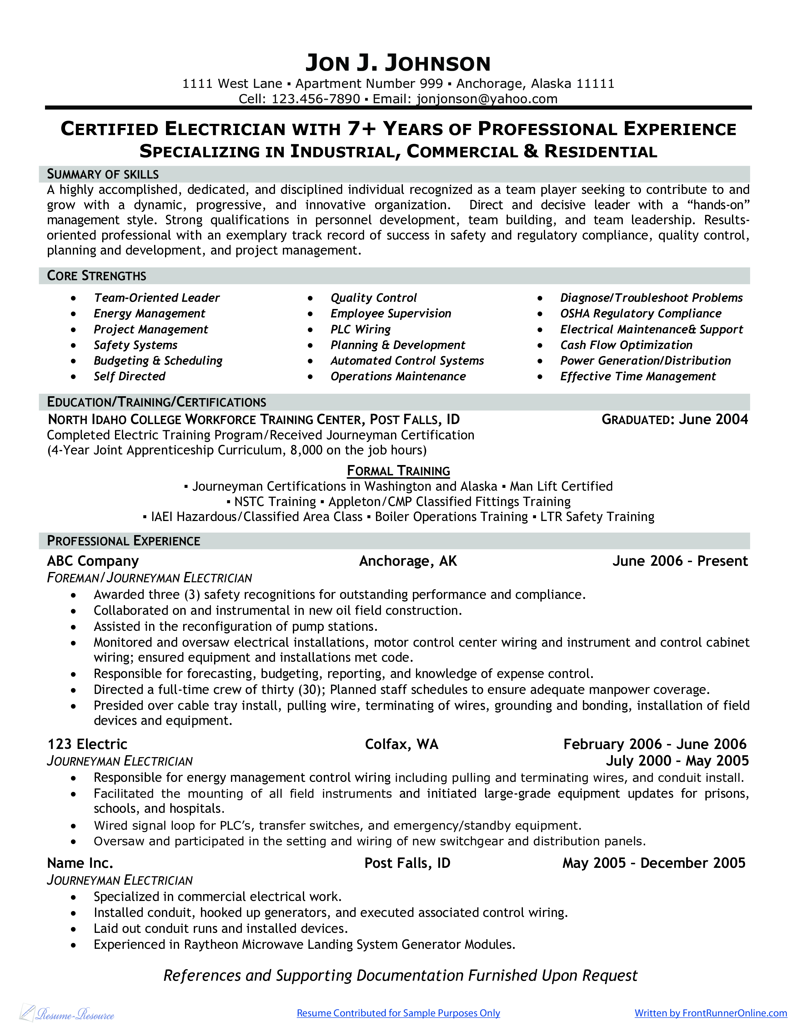 Electrician CV Sample Templates at