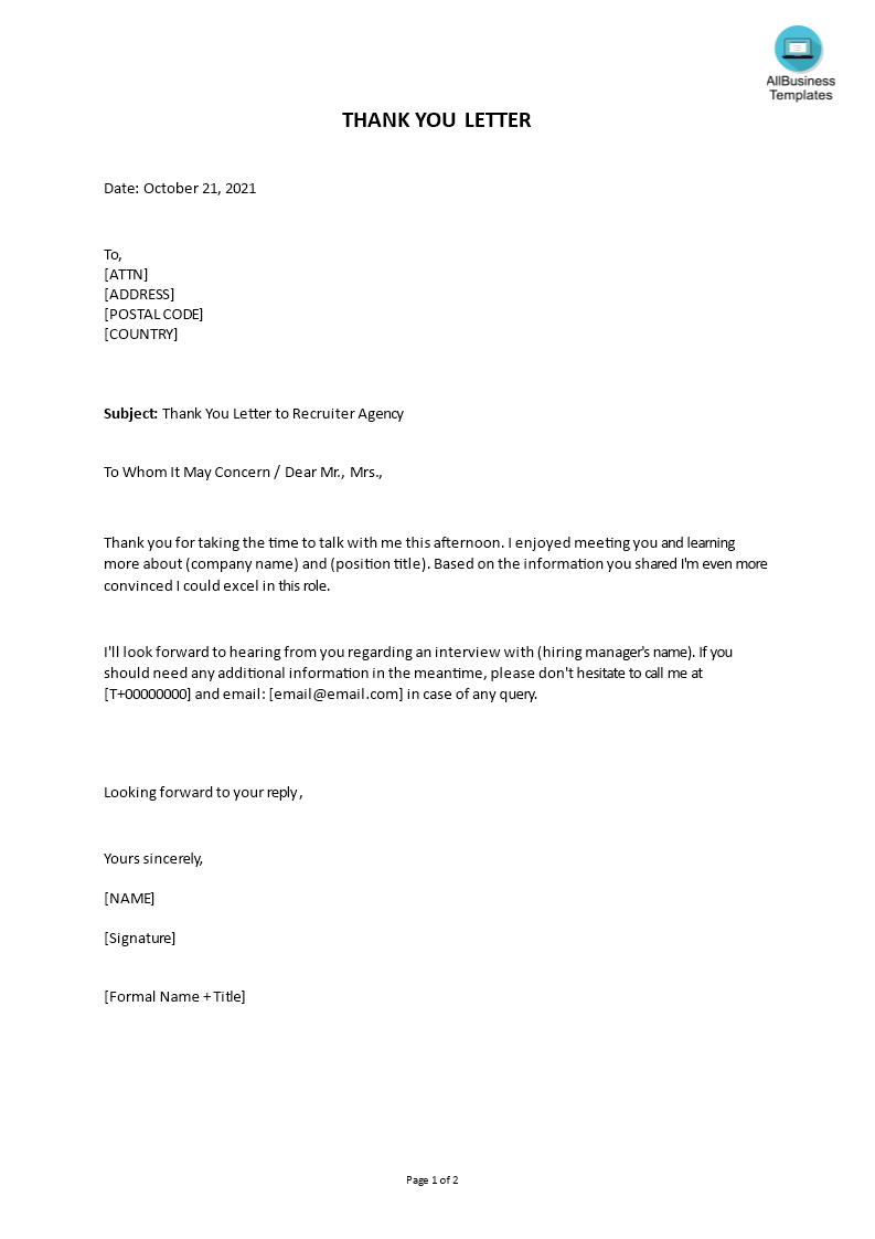 sample thank you letter to recruiter agency template