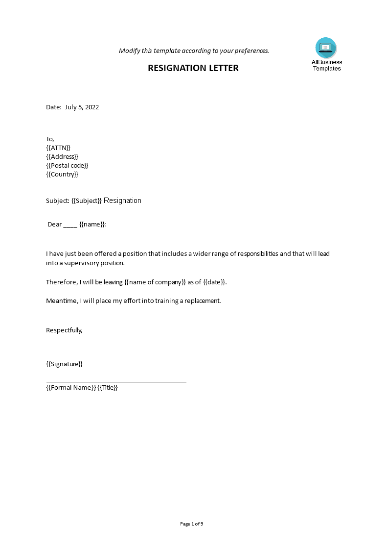 letter of resignation template Hauptschablonenbild