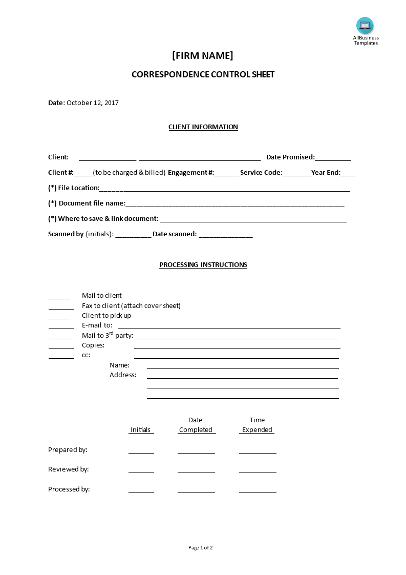 correspondence control sheet template