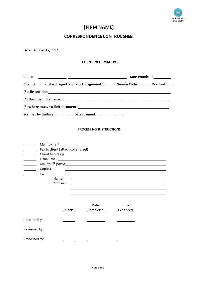 correspondence control sheet modèles