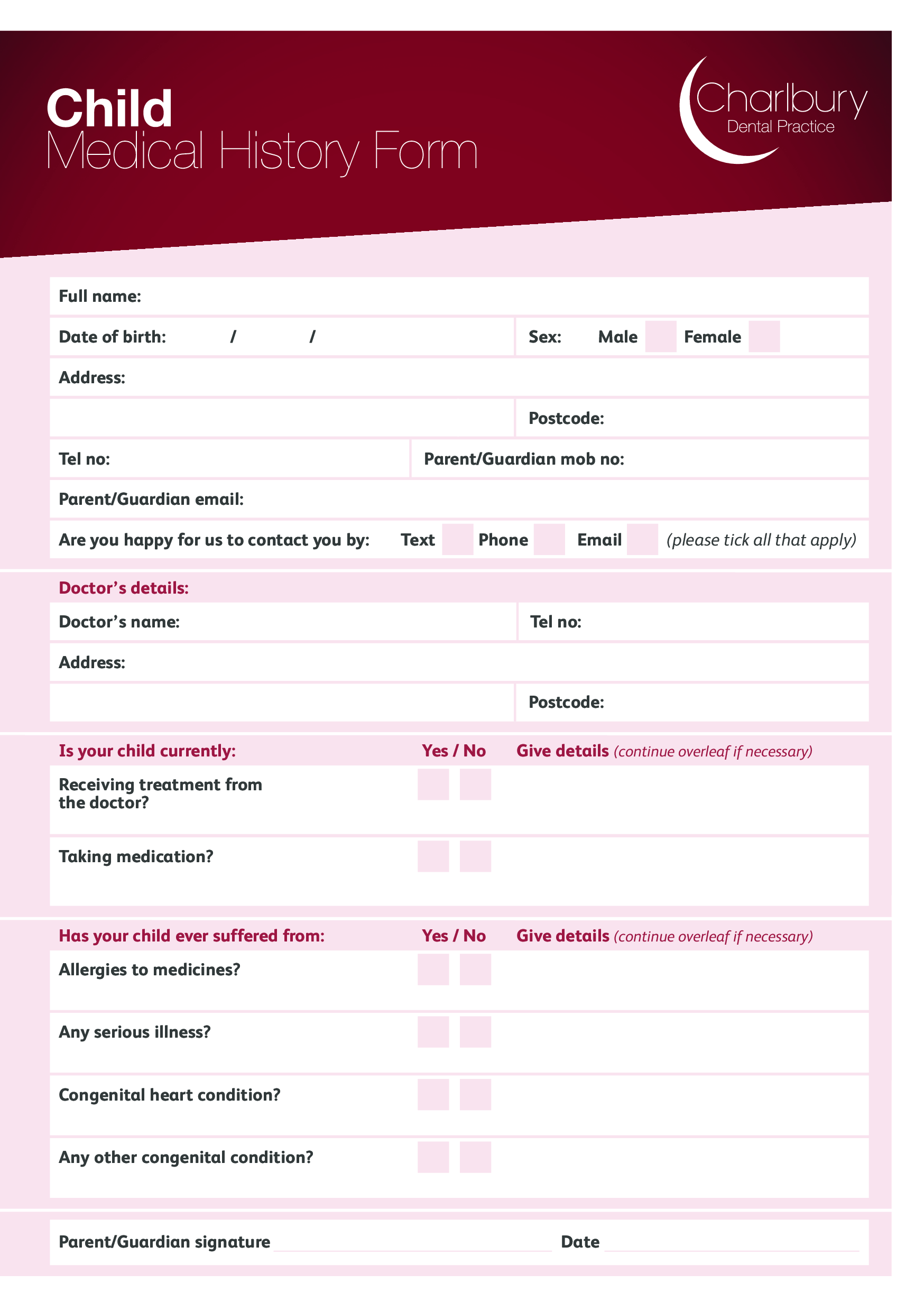 child medical history form template