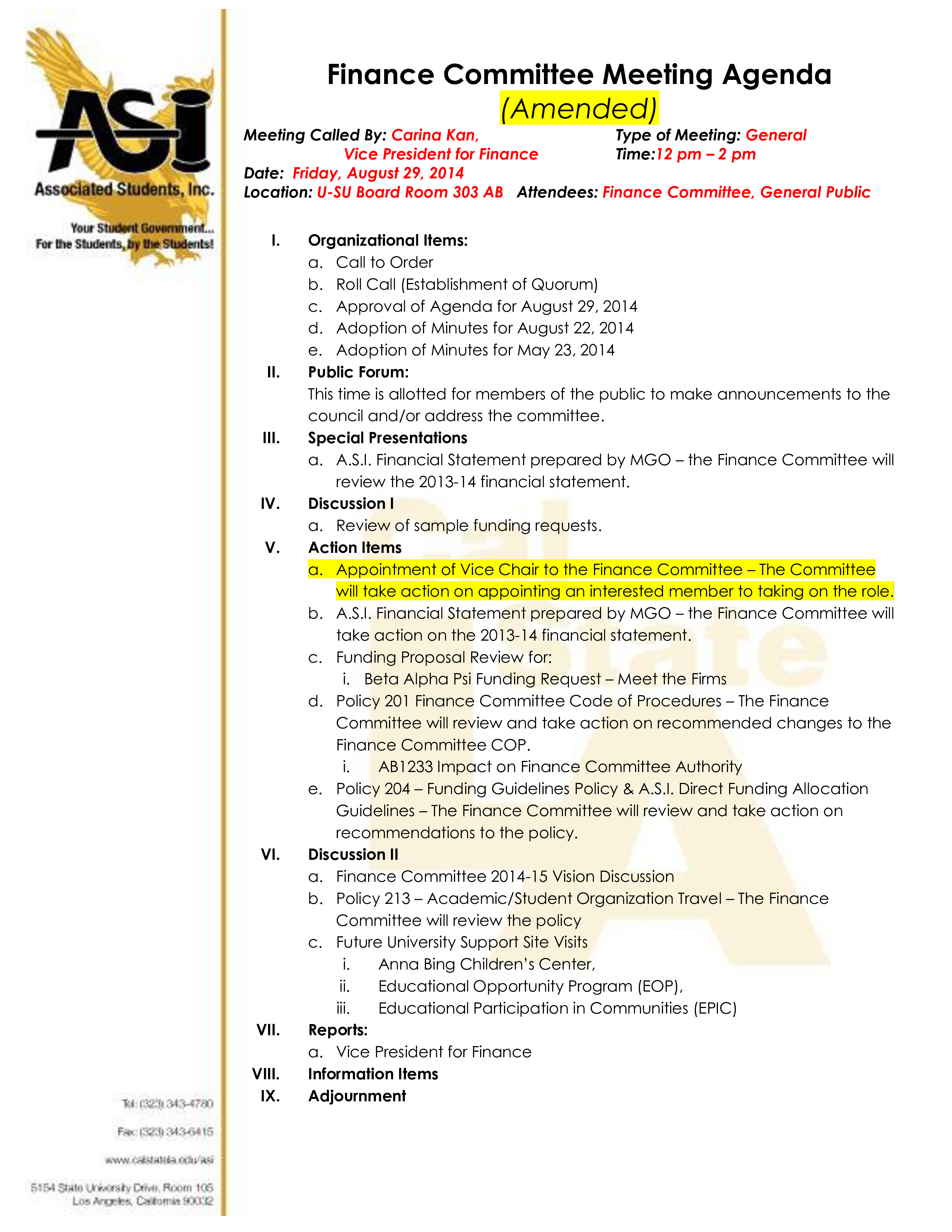 finance committee agenda template