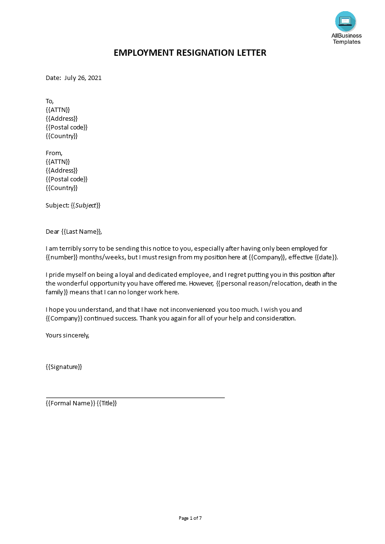 Short Employment Resignation Letter 模板