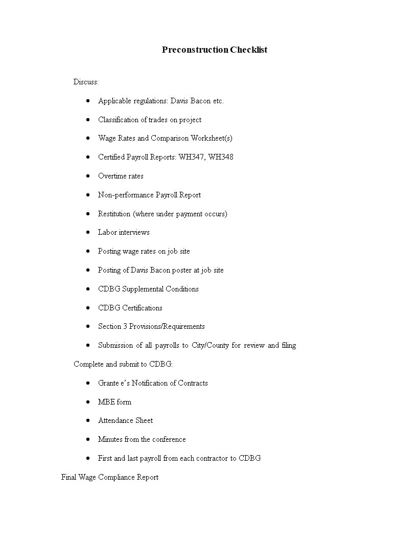 pre construction checklist template