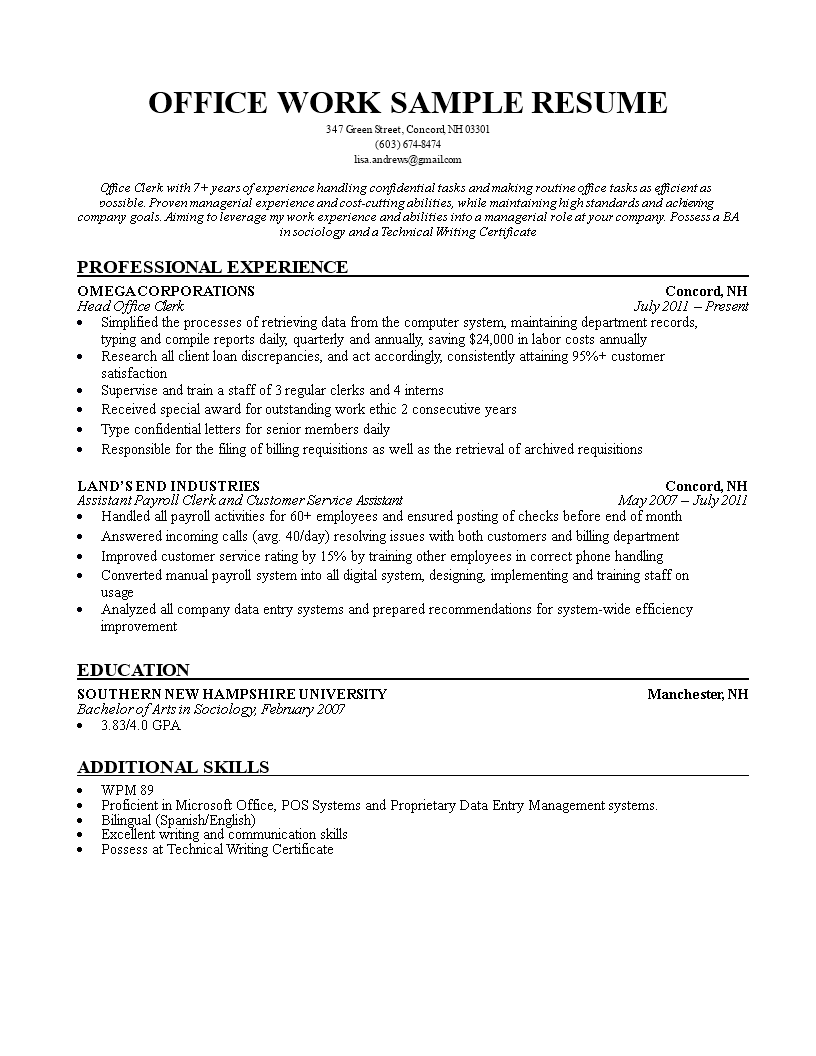 office clerk cv sample voorbeeld afbeelding 