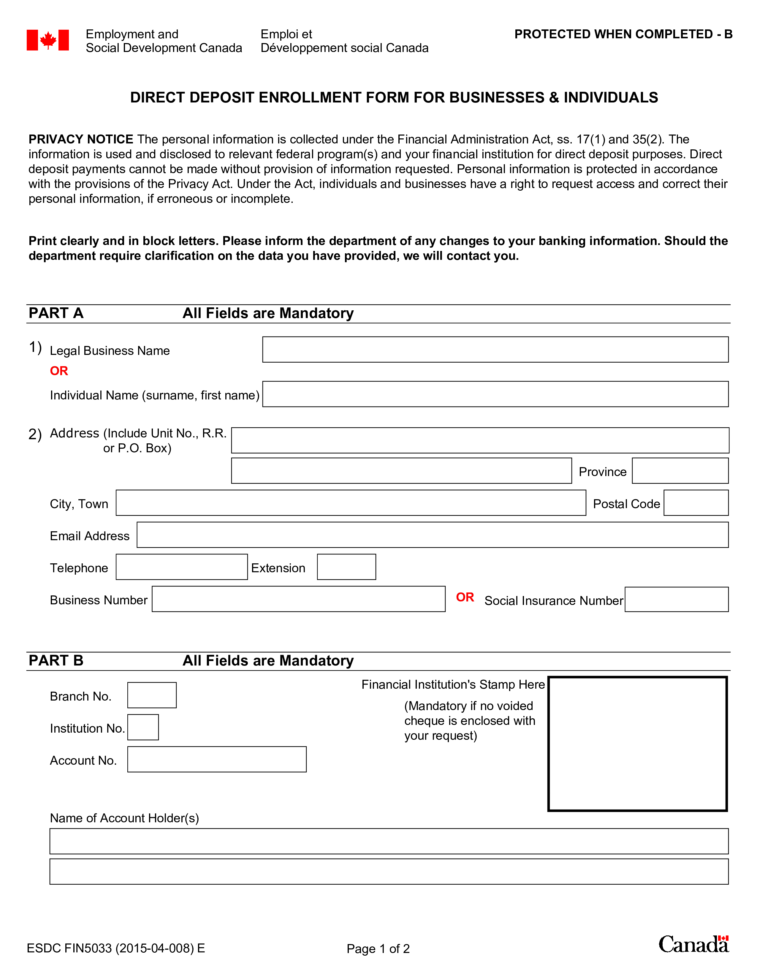 Business Direct Deposit Form main image