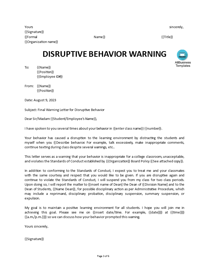 disruptive resident behavior warning letter plantilla imagen principal