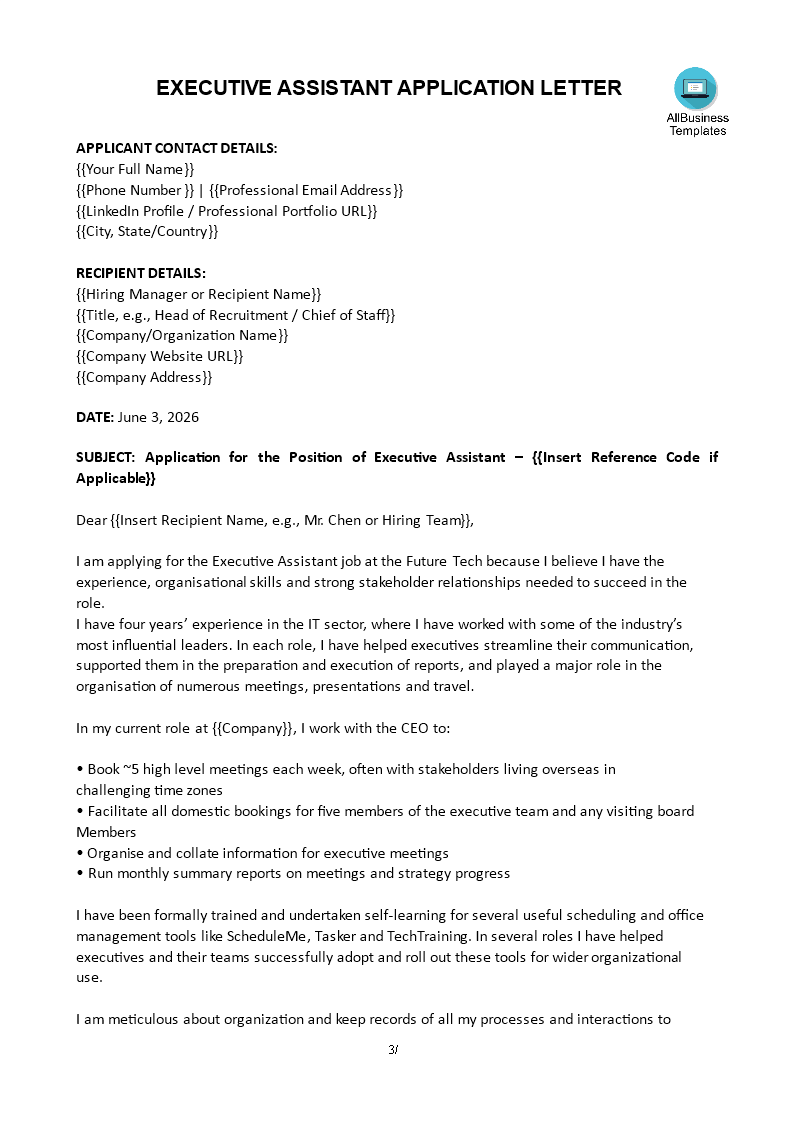 executive assistant cover letter voorbeeld afbeelding 