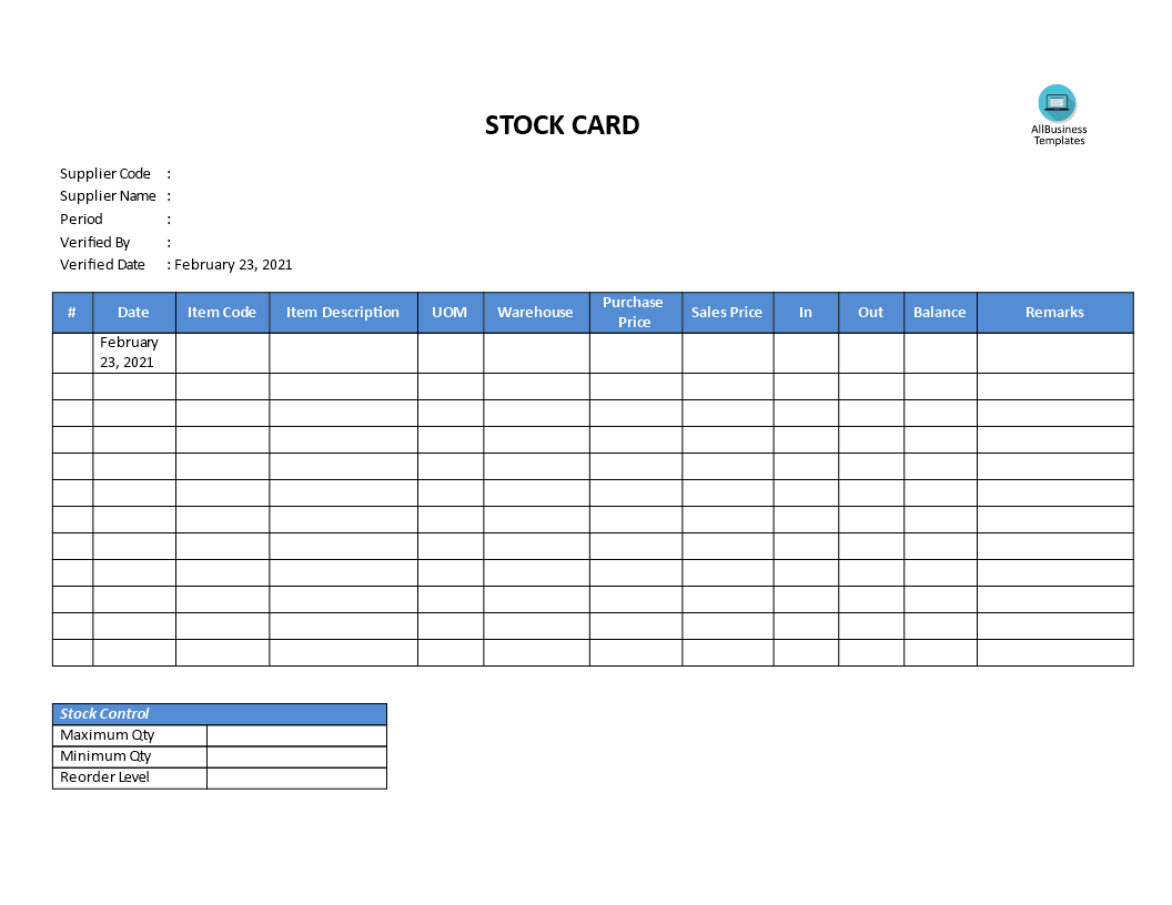 warehouse stock card template