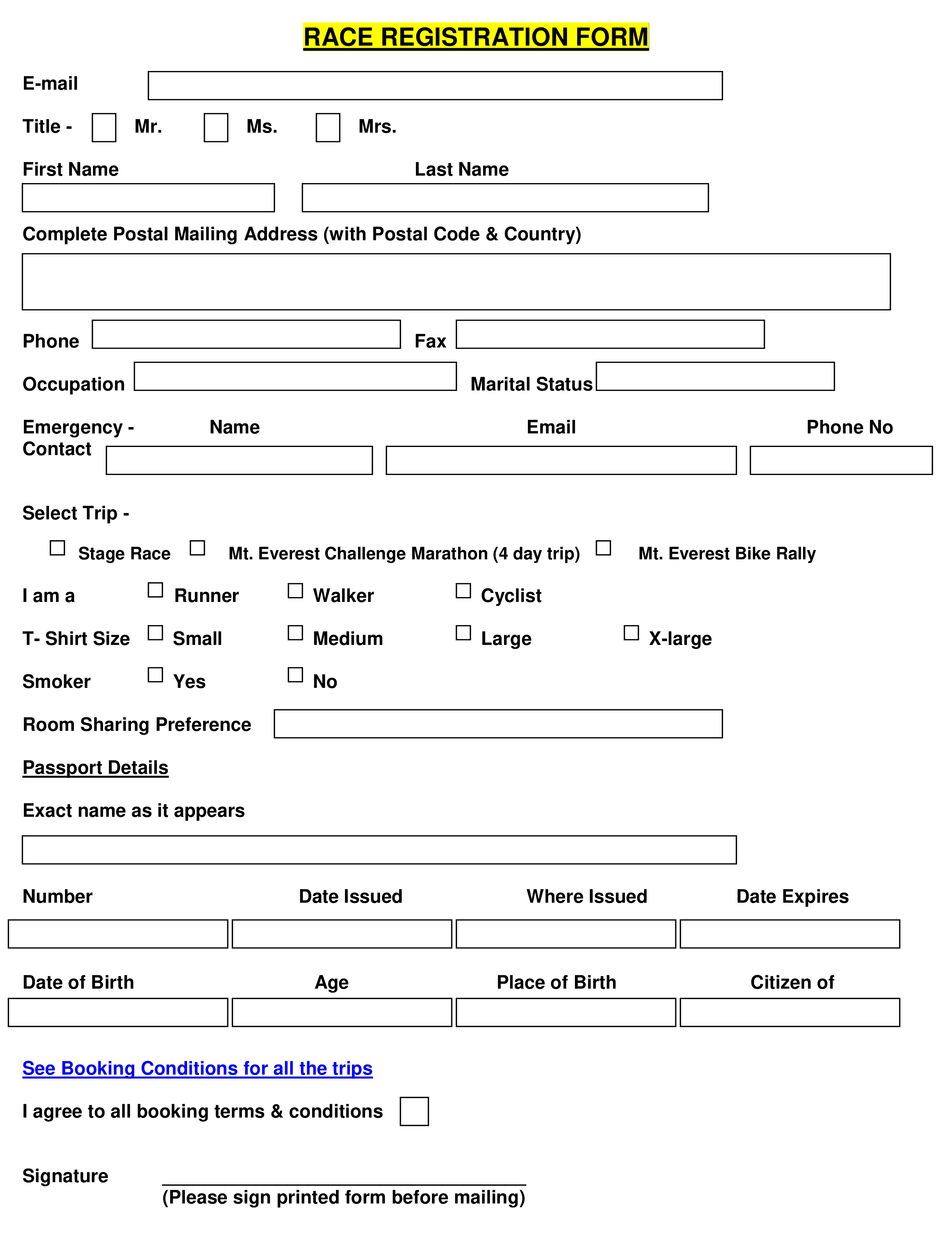 Printable Race Registration Form 模板