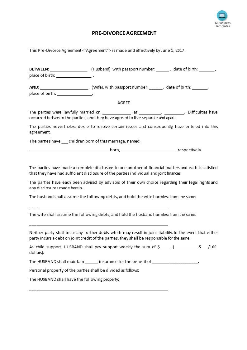 Pre Divorce Agreement - Premium Schablone With Regard To property settlement agreement sample