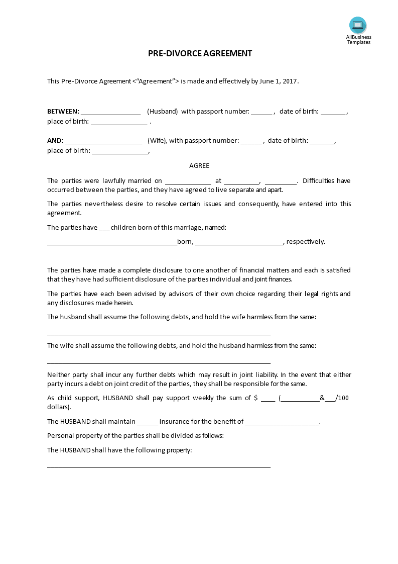 Pre Divorce Agreement  Templates at allbusinesstemplates.com