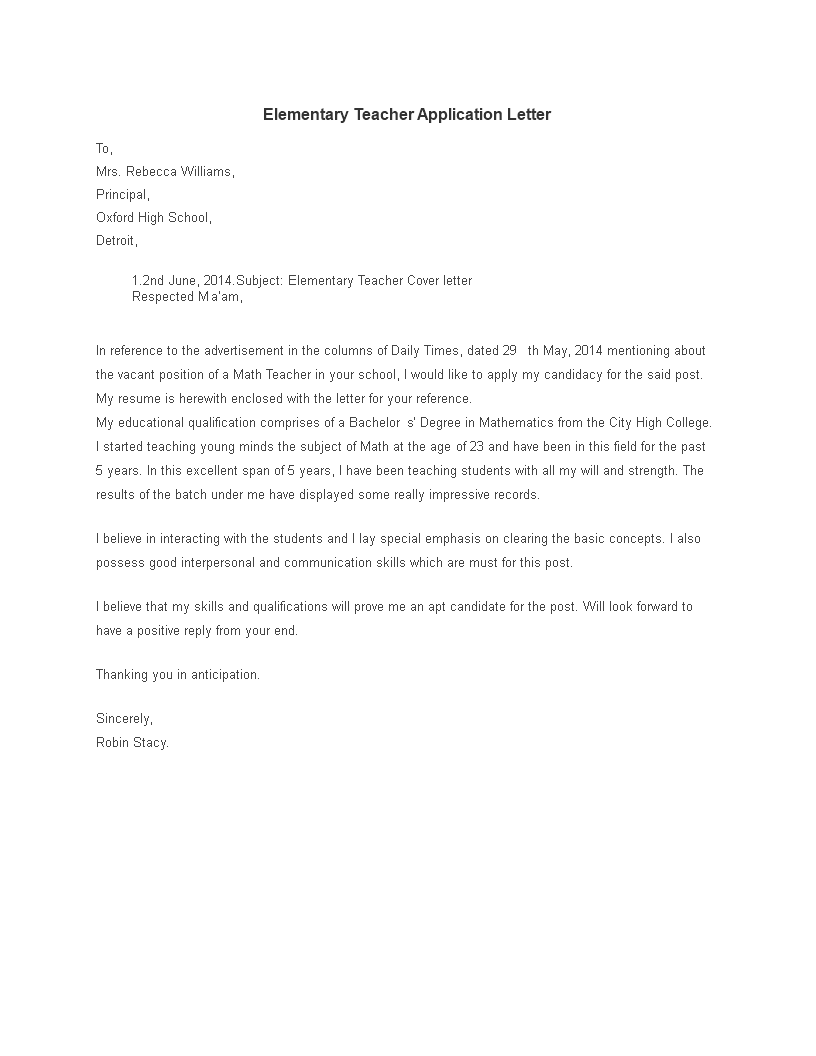 application letter for elementary teacher plantilla imagen principal