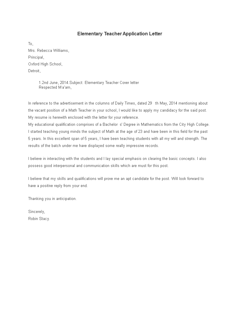 application letter for elementary teacher template