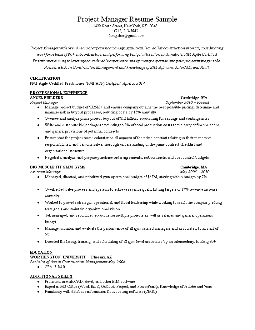 Kostenloses Resume Project Manager