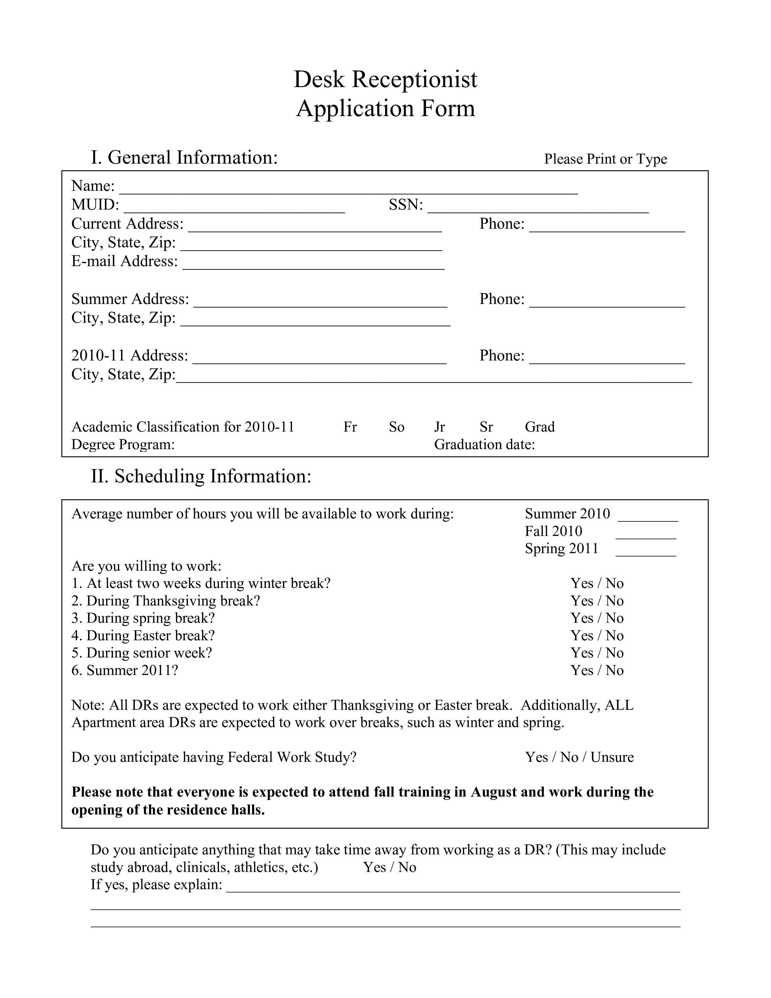 Application form for applying for a job