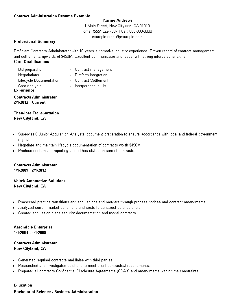 contract administration resume template