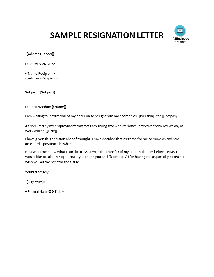 Kostenloses Work Notice Letter