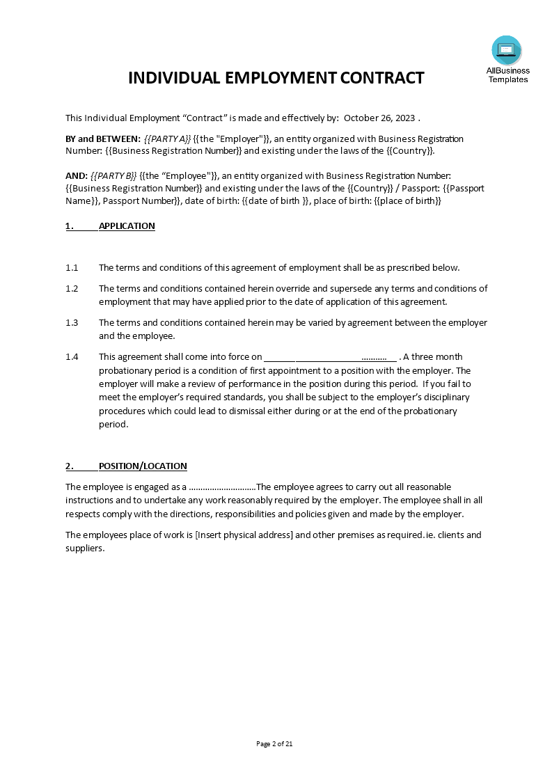 individual employment contract modèles