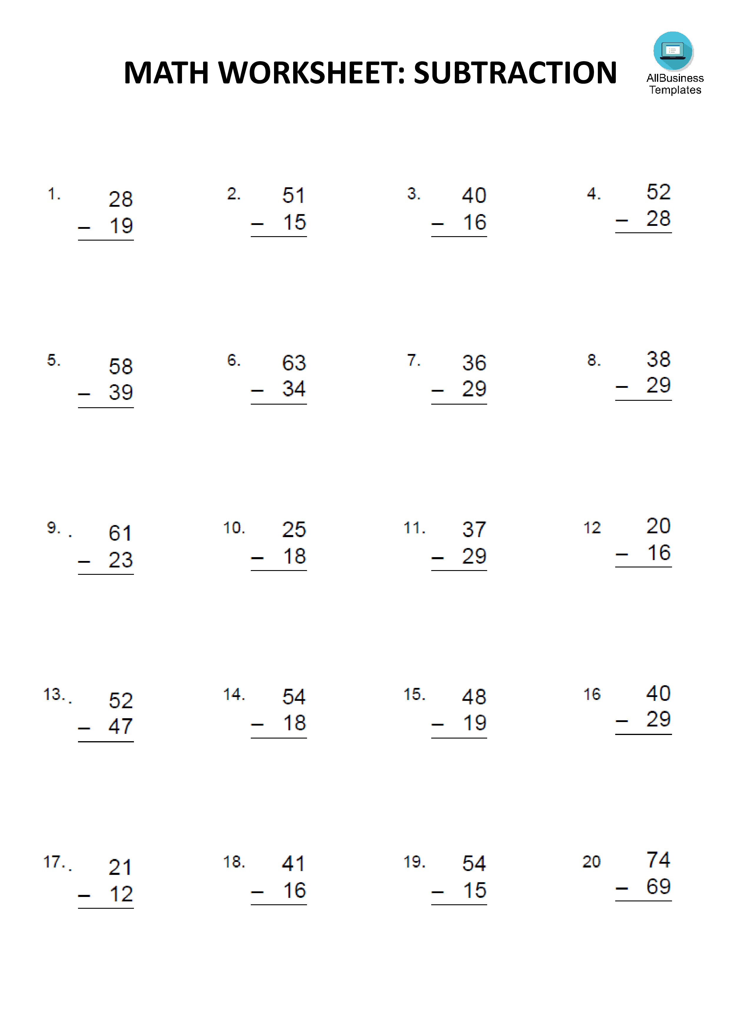 mathematics subtract practicing worksheet template