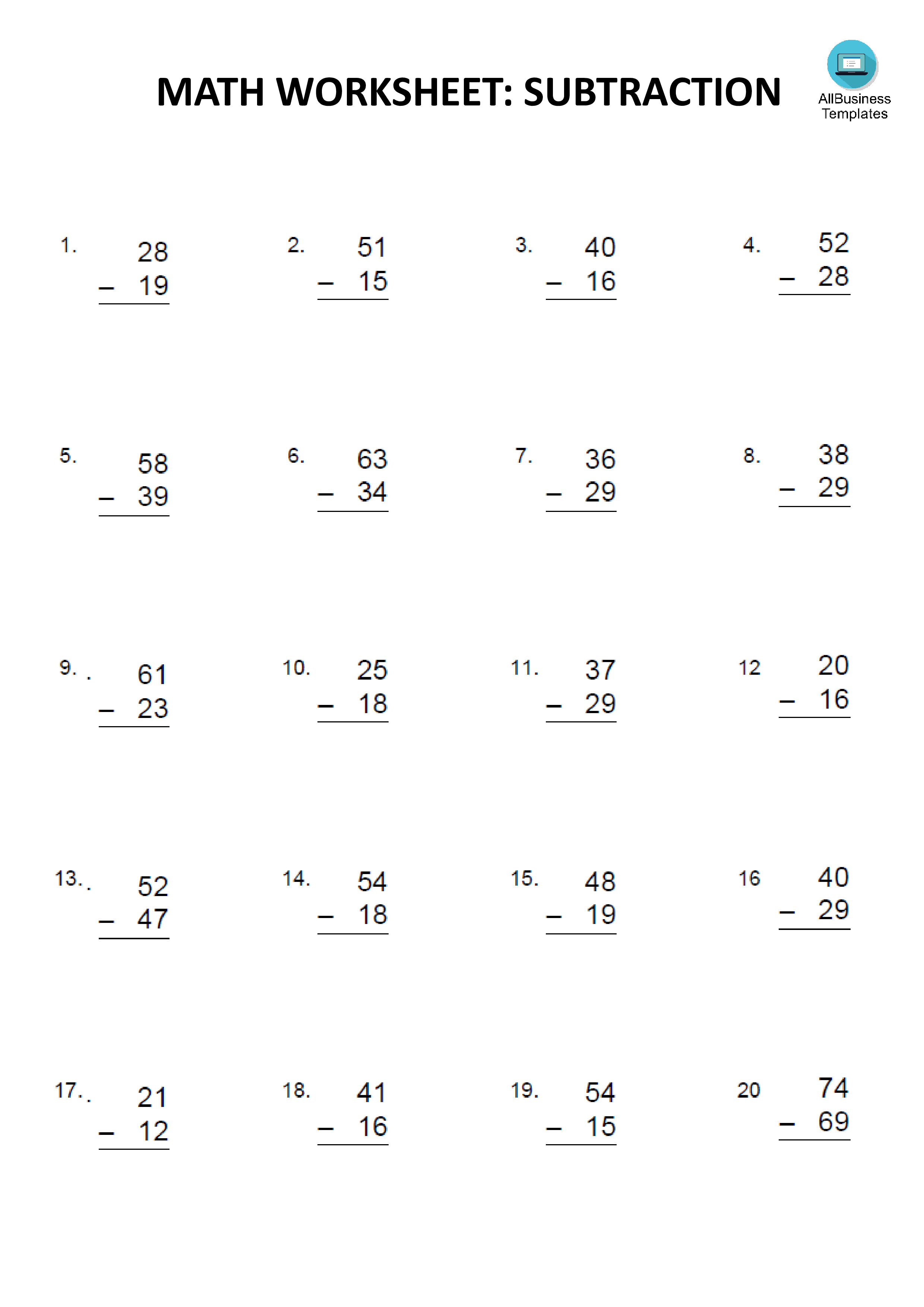 mathematics subtract practicing worksheet modèles