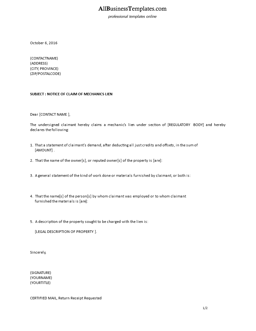 formal notice of claim of mechanics lien Hauptschablonenbild