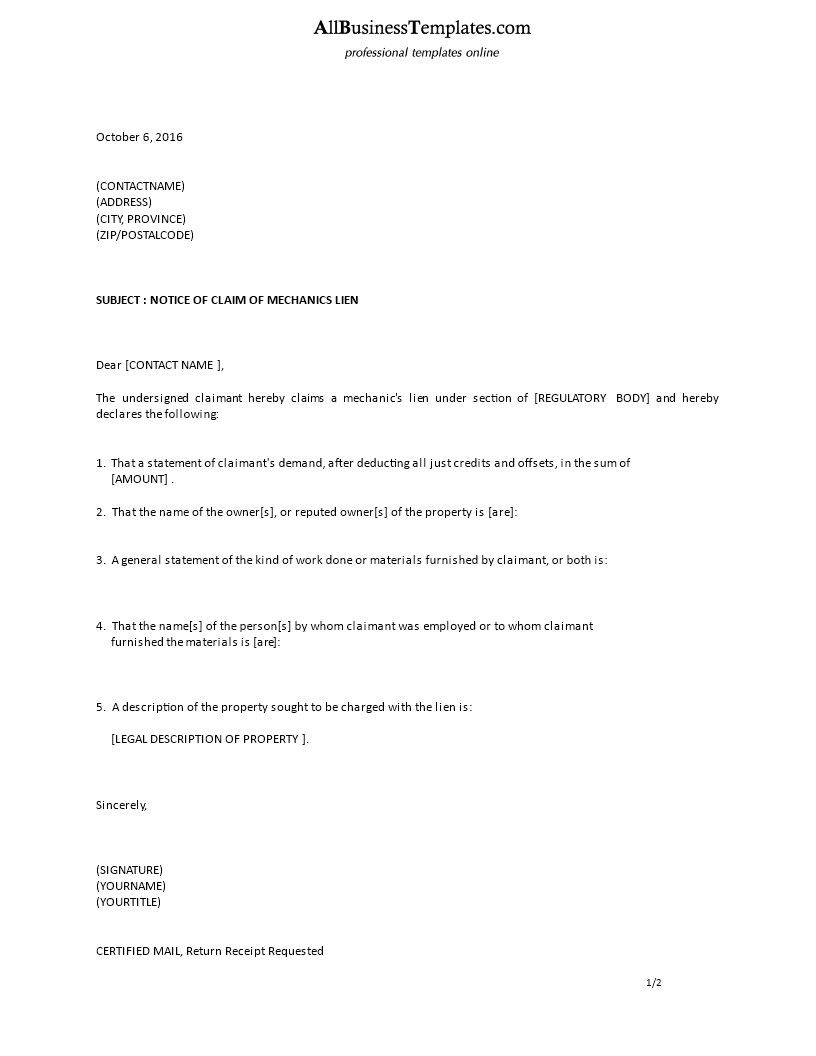 formal notice of claim of mechanics lien voorbeeld afbeelding 