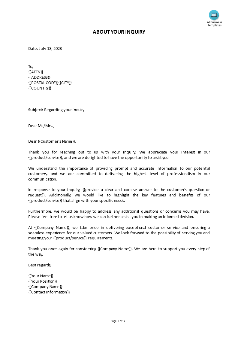 cover letter in response to inquiry Hauptschablonenbild