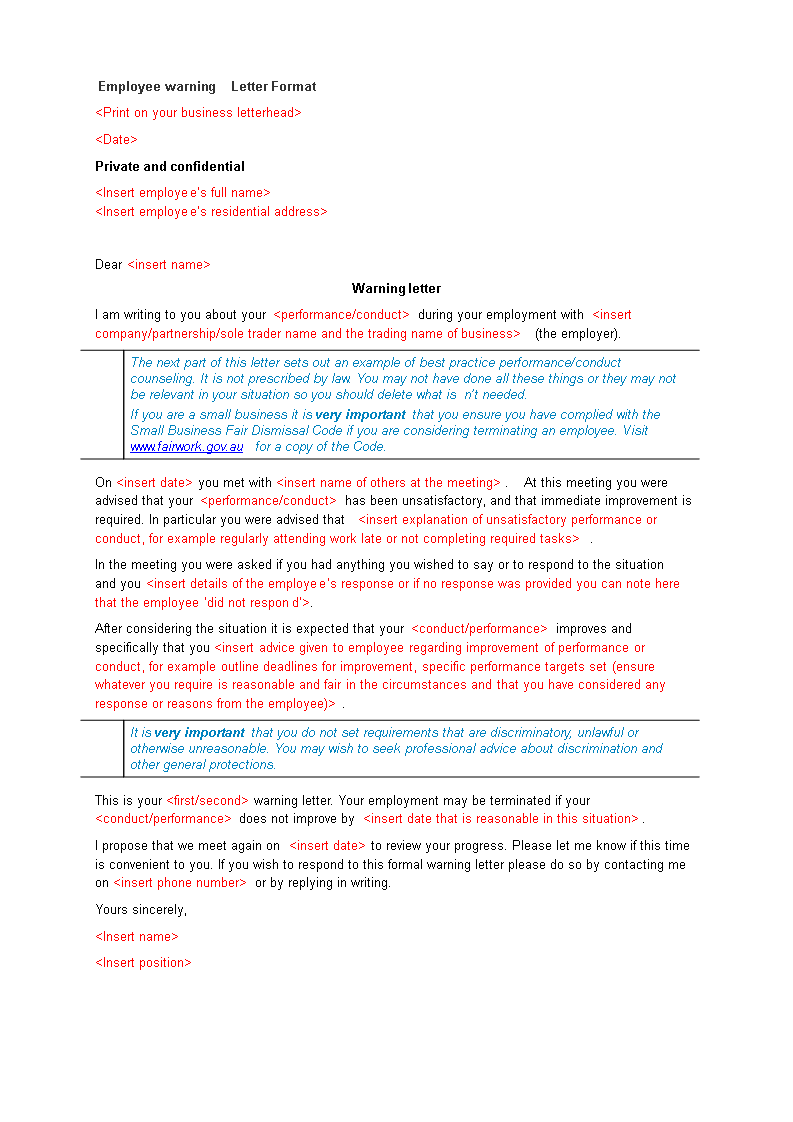 sample employee warning letter template