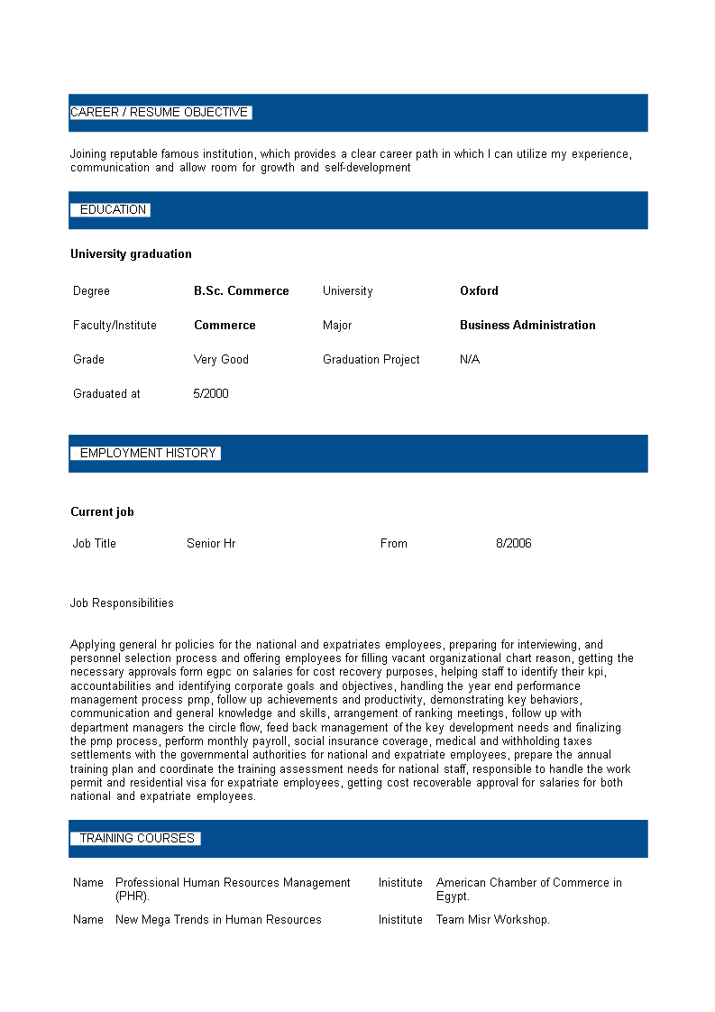 senior hr executive example resume modèles