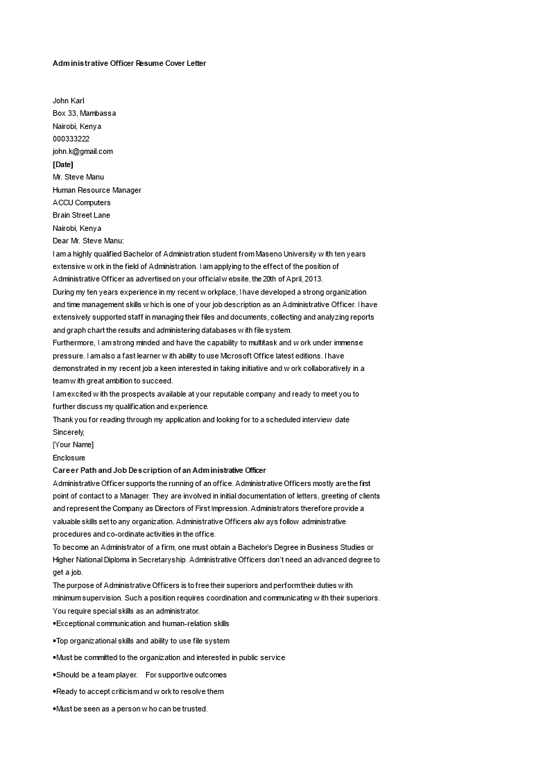 administrative officer resume cover letter Hauptschablonenbild