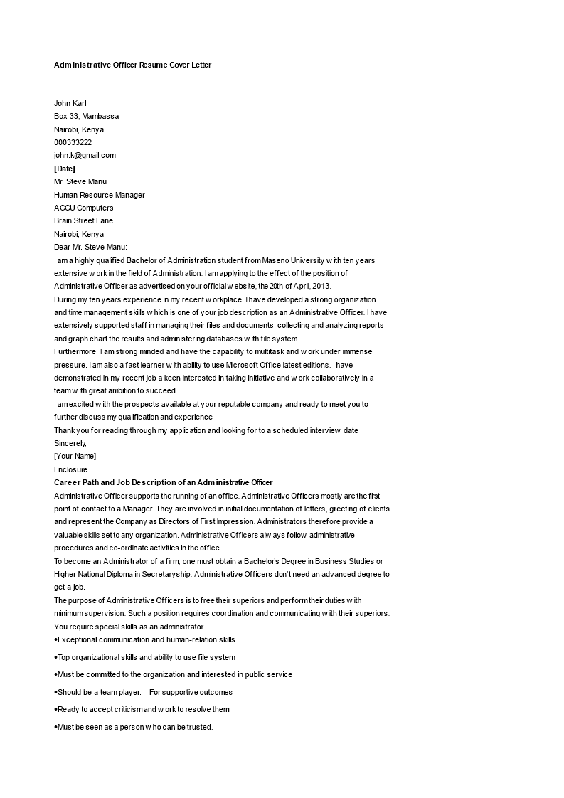 administrative officer resume cover letter modèles