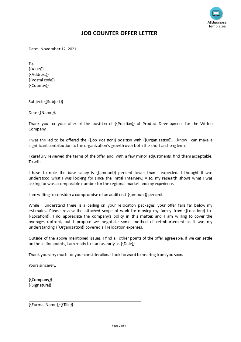 Counter Offer Letter Sample Templates at