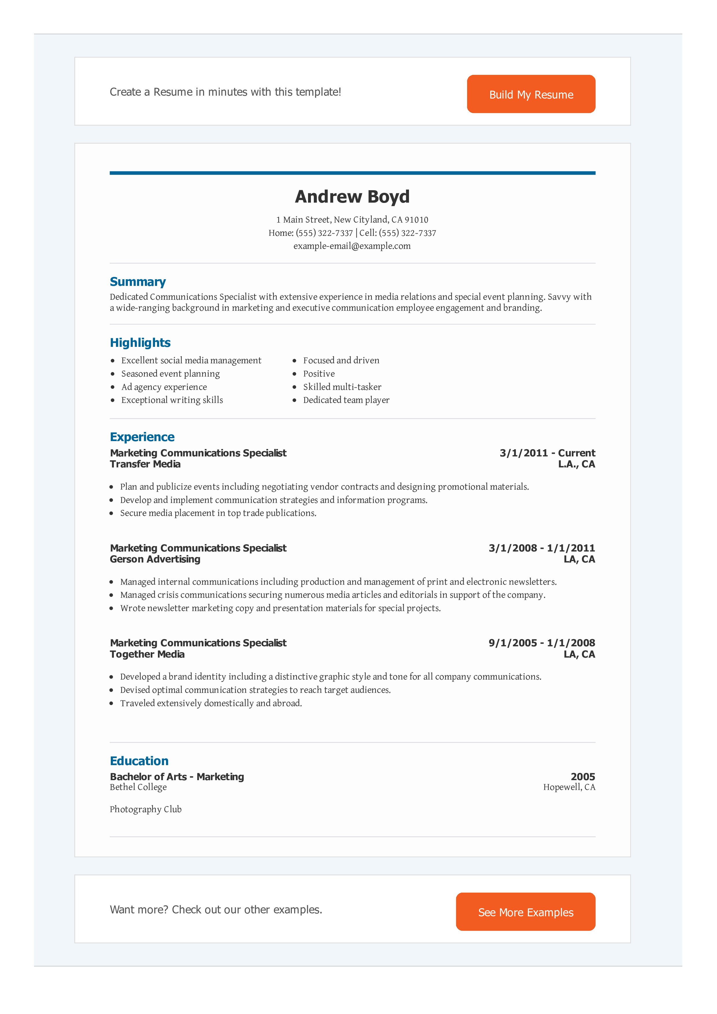 marketing communication executive resume modèles