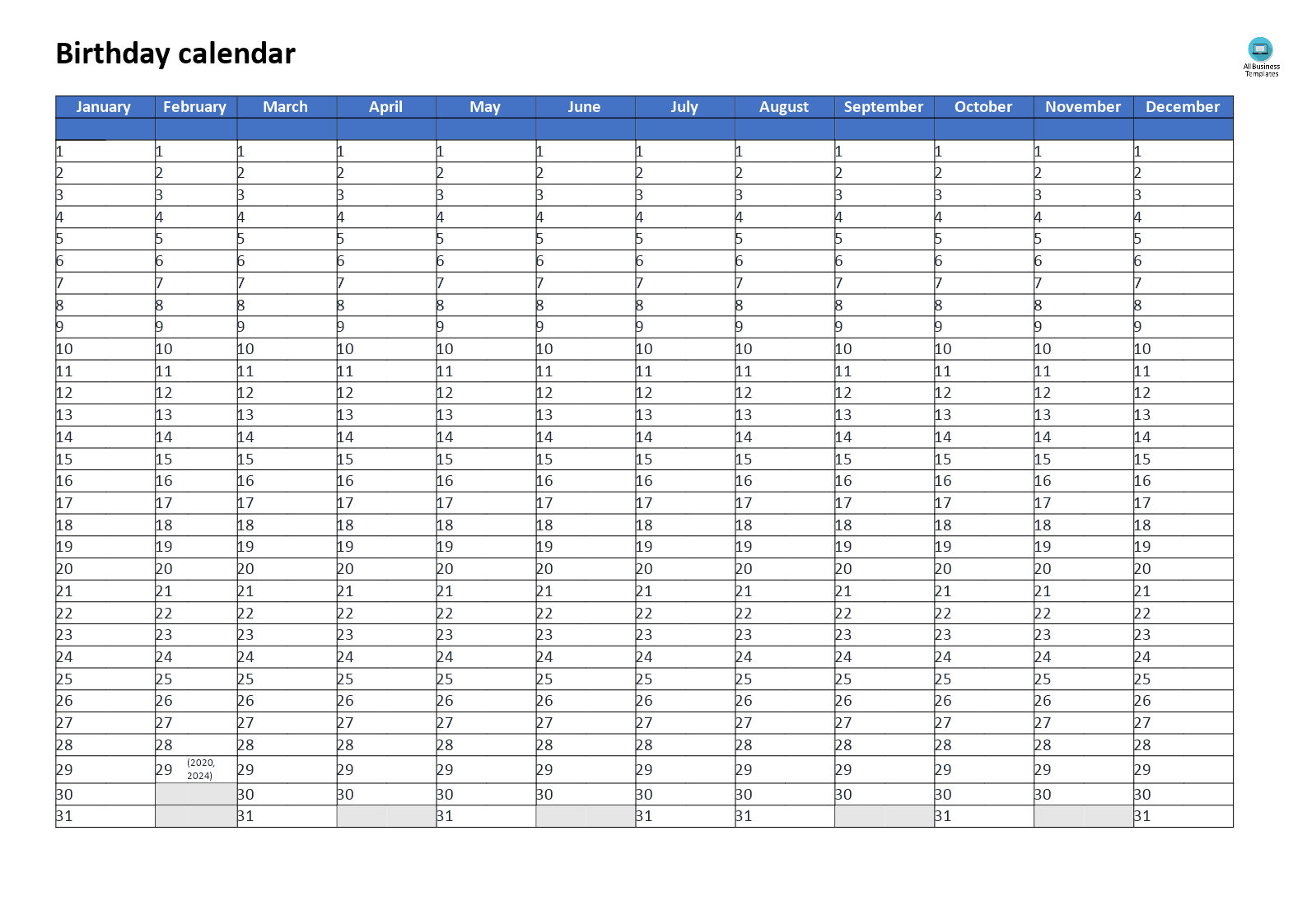 birthday calendar landscape a3 voorbeeld afbeelding 