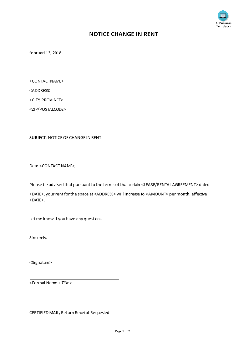 Formal Letter Landlord Change in Rent - Premium Schablone Intended For Rent Increase Letter Template