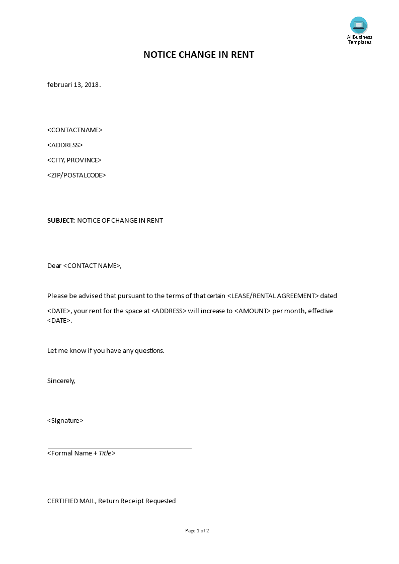 formal letter landlord change in rent template