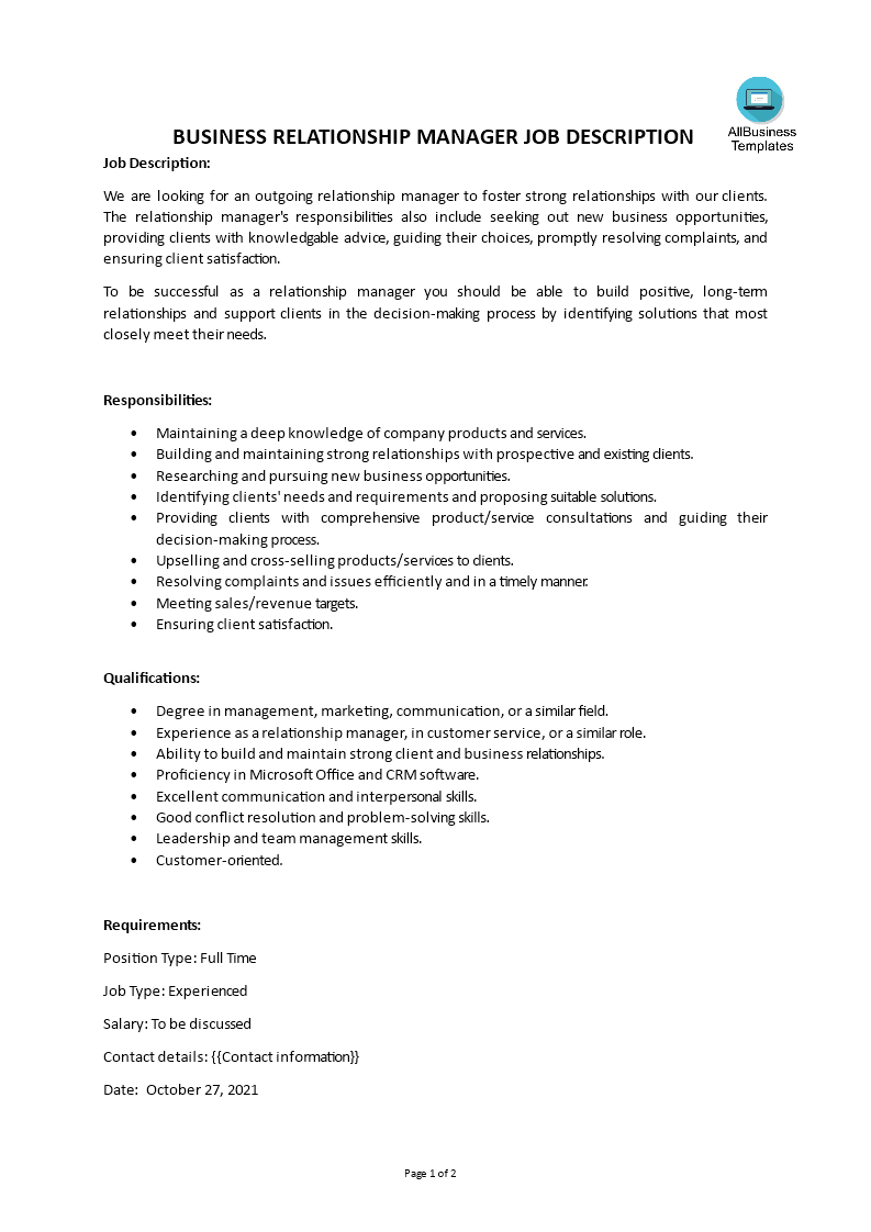 business relationship manager job description modèles