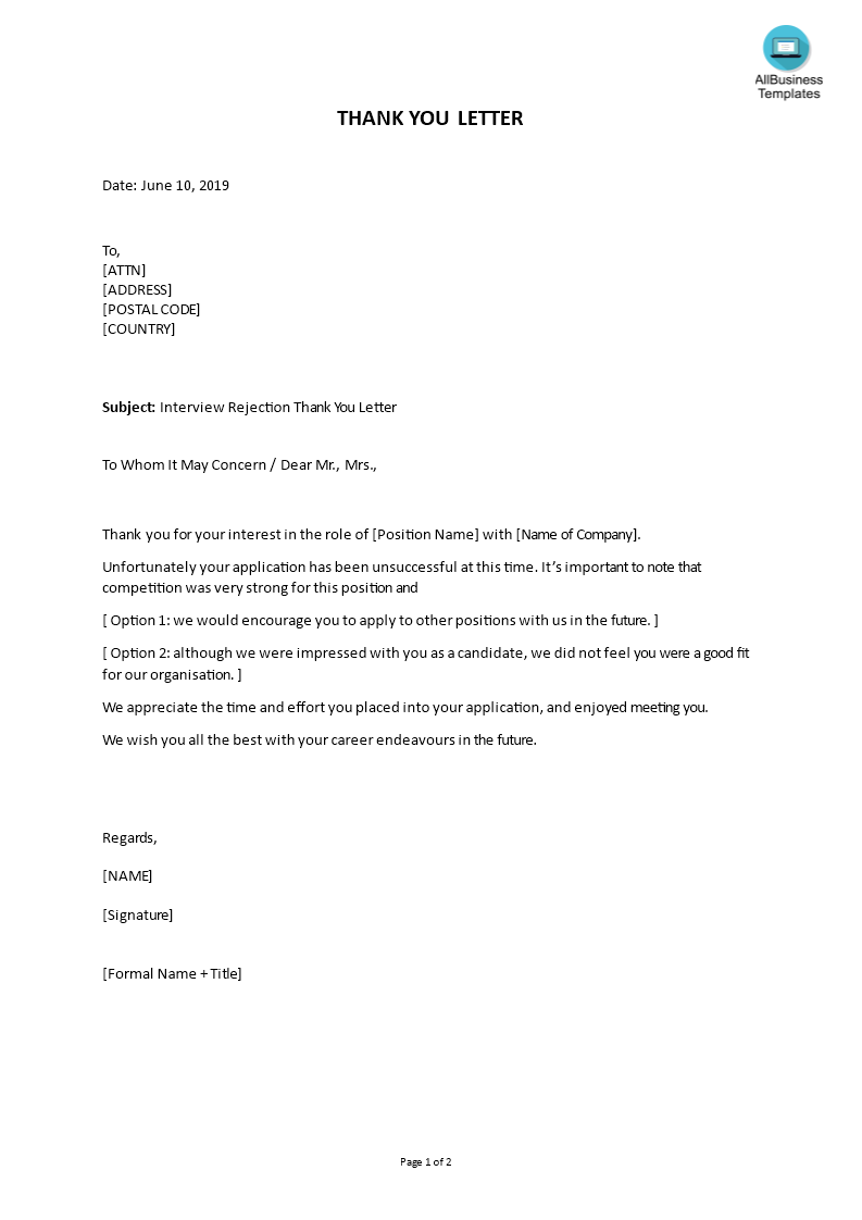 sample interview rejection thank you letter template