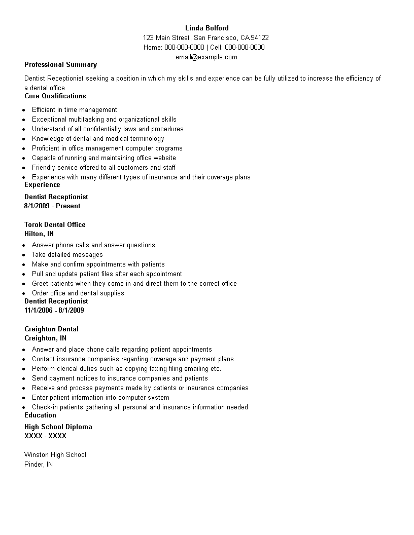 Dental Administration Receptionist Resume main image