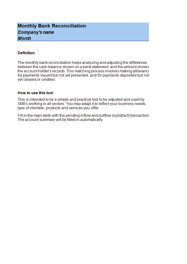 Bank Reconciliation Template excel spreadsheet main image